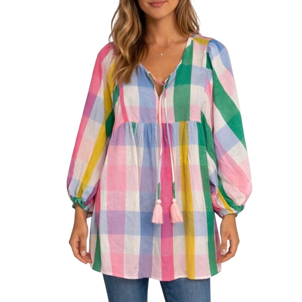 NWT Indigo Soul Pastel Plaid Peasant Tunic Top Size L